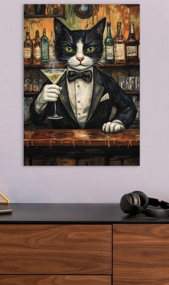 Sophisticated Cat with Martini at Bar — metal poster wall art by Lineer